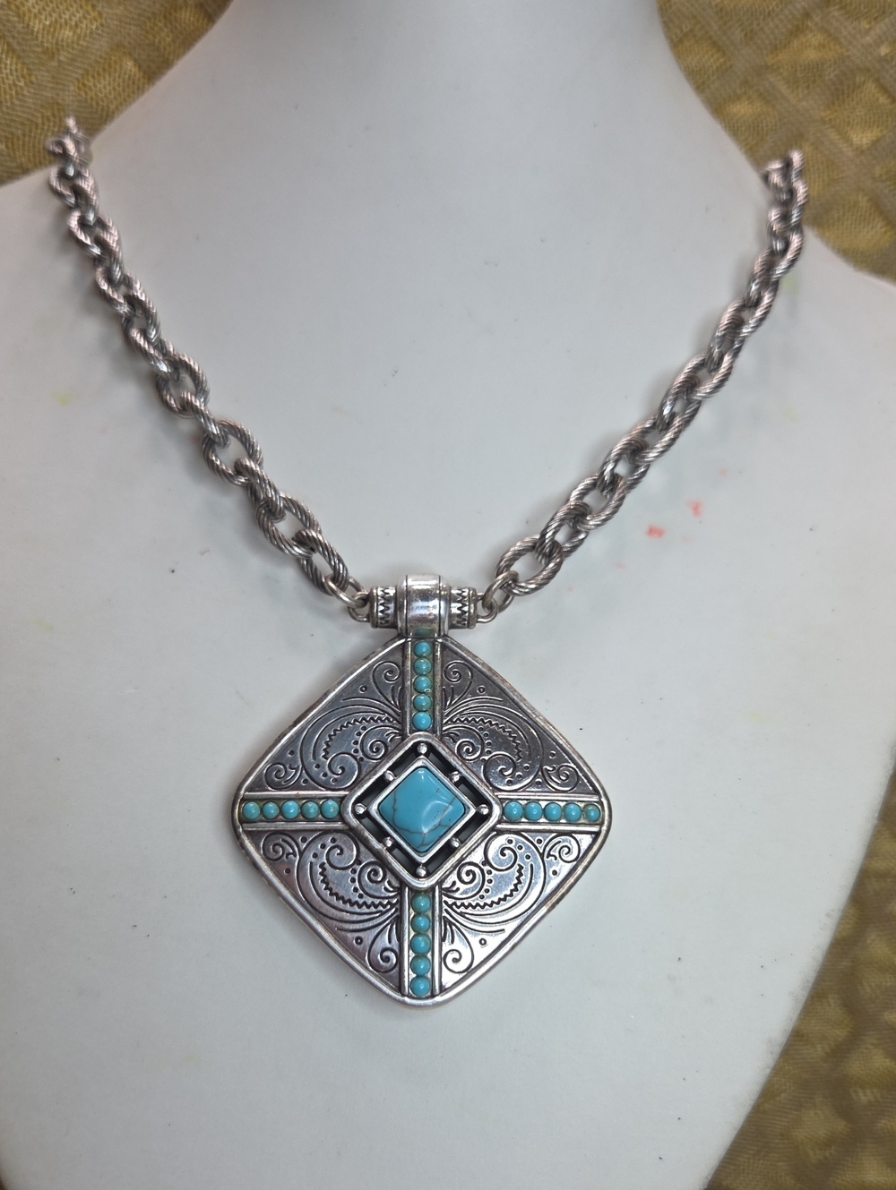 Brighton Turquoise Accent Silver Pendant Necklace Chunky Chain- Women Jewelry